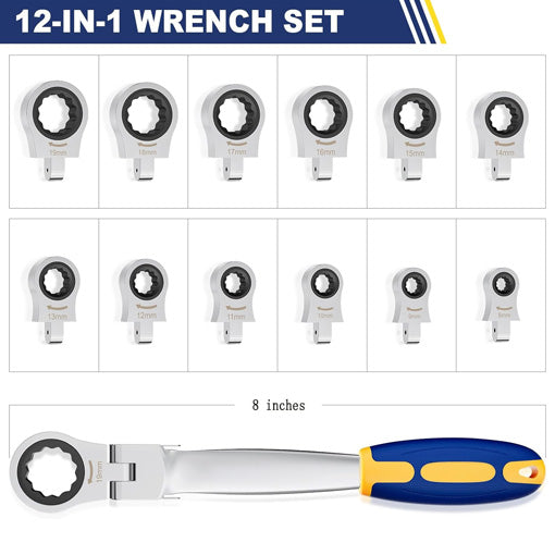 12-in-1 Interchangeable Metric Flex Head Ratchet Wrench