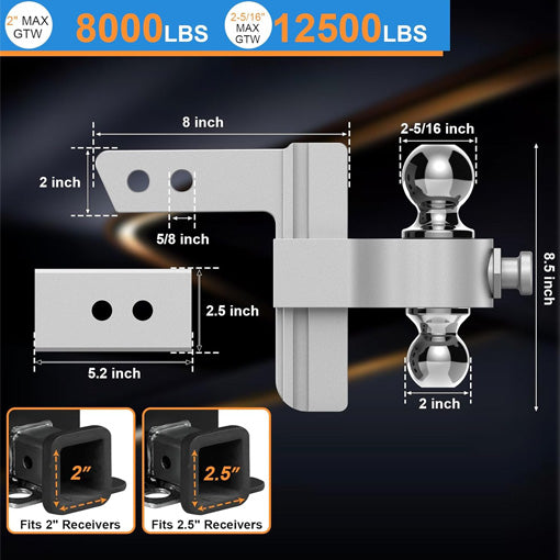 Adjustable Aluminum Drop/Rise Tow Hitch with Dual Ball