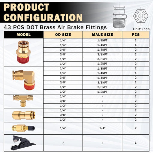 43PCS Brass DOT Air Brake Line Fittings Repair Kit